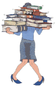 Cartoon figure overloaded with paperwork representing a sell-side analyst delivering reports and chart books