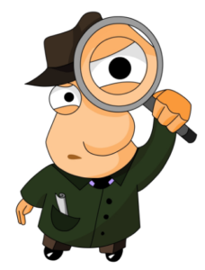 Cartoon detective with a magnifying glass representing the analyst who studies securities