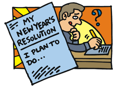 Cartoon of a man with a notepad reading "My New Year's Resolution — I Plan to Do…"